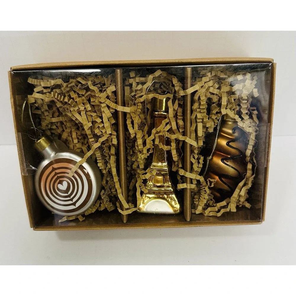 Target Wondershop Paris Ornament Eiffel Tower Latte Heart Bronze Swirl 3pc NIB